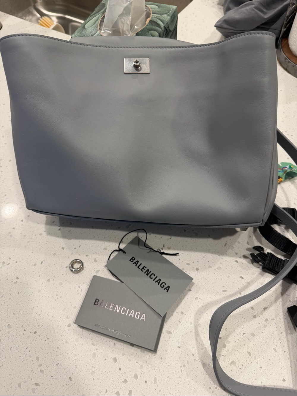 Balenciaga Gray-Leather Bag with Silver Hardware-Turn lock is not attached.